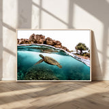 44200301-MGV-CV-36X24-Sea Turtle Swim Wall Art Canvas Print, Framed Ocean Life Art Picture Print, Tropical Shoreline Perfect Tropical Coastal Decor