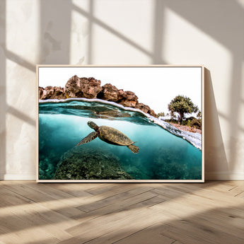 44200301-MGV-CV-36X24-Sea Turtle Swim Wall Art Canvas Print, Framed Ocean Life Art Picture Print, Tropical Shoreline Perfect Tropical Coastal Decor