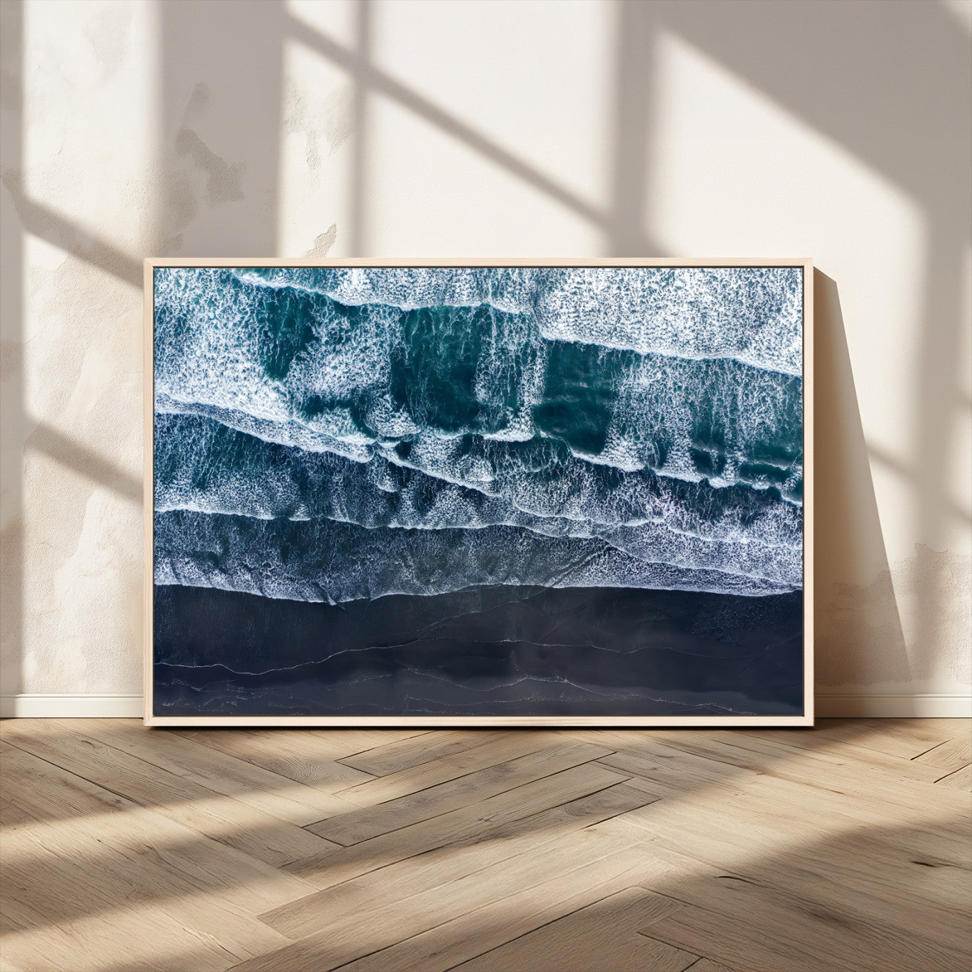 87941475-MGV-CV-36X24-Black Beach Wall Art Canvas Print, Framed Aerial Ocean Art Picture Print, Moody Coastal Perfect Modern Coastal Decor Artwork