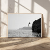 52284302-MGV-CV-36X24-Cliff Jumping Wall Art Canvas Print, Framed Ocean Adventure Art Picture Print, Black White Coast Perfect Modern Coastal Decor