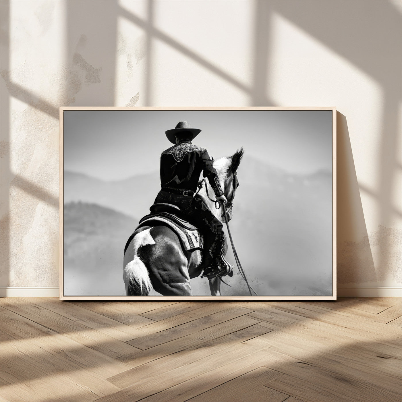 83102464-MGV-FC-36X24_Natural-Western Cowboy Wall Art Canvas Print, Framed Monochrome Horse Art Picture Print, Western Equestrian Perfect Rustic Western Decor