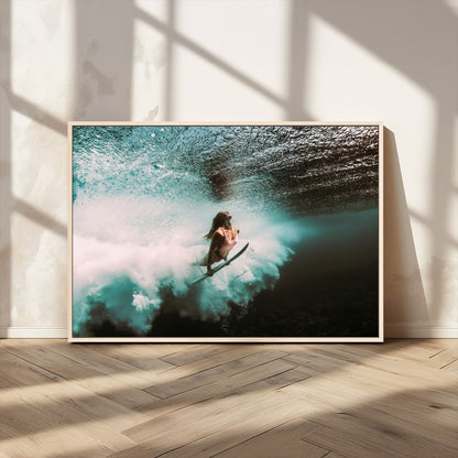 85923512-MGV-CV-36X24-Aquatic Motion Wall Art Canvas Print, Framed Underwater Swimming Art Picture Print, Female Surfer Diving Perfect Coastal Boho