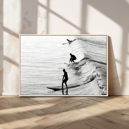 19875284-MGV-CV-36X24-Surfer Waves Wall Art Canvas Print, Framed Black White Surf Art Picture Print, Monochrome Ocean Perfect Modern Coastal Decor