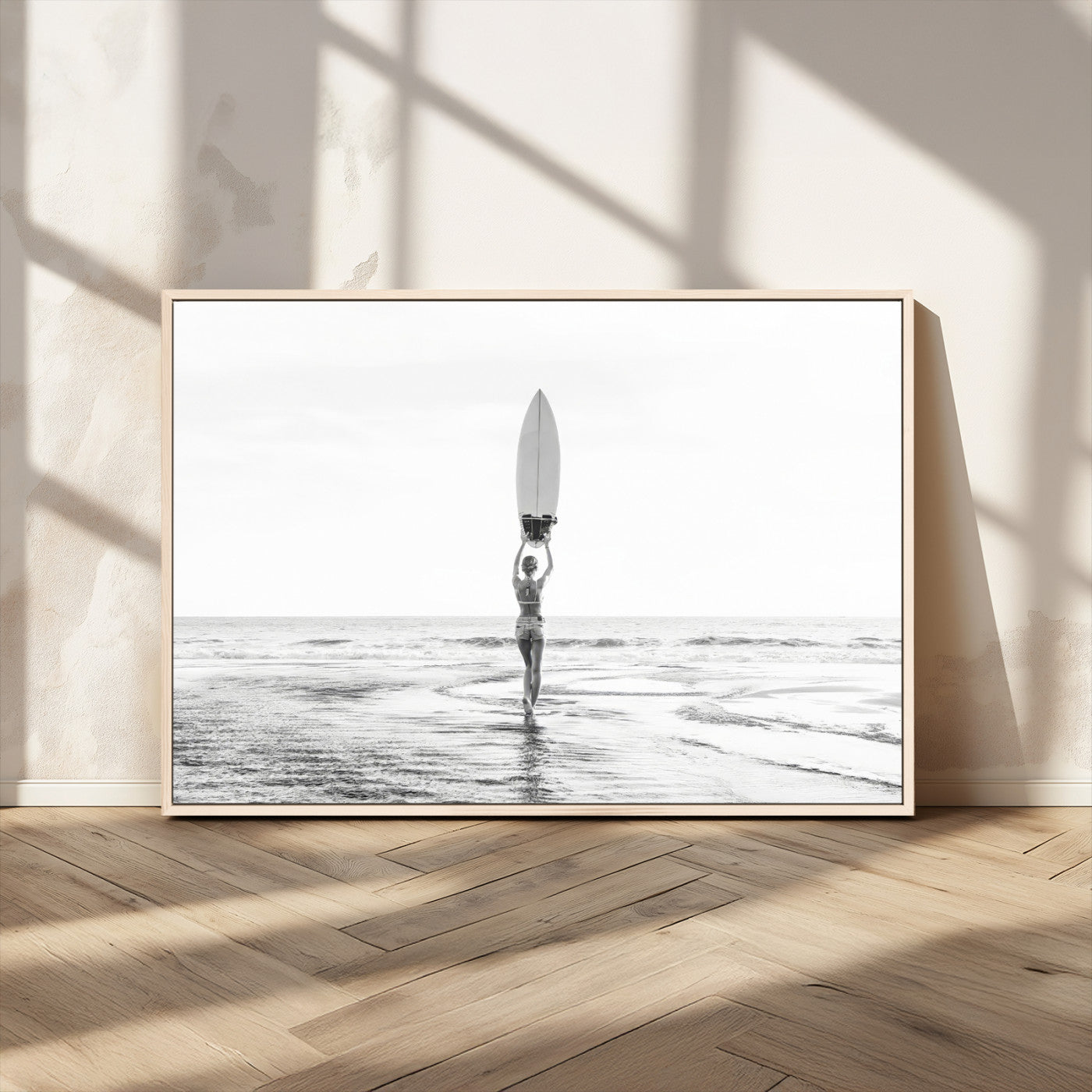 98446901-MGV-CV-36X24-Monochrome Surf Wall Art Canvas Print, Framed Minimalist Surfer Art Picture Print, Surfboard Silhouette Perfect Coastal Minimalist