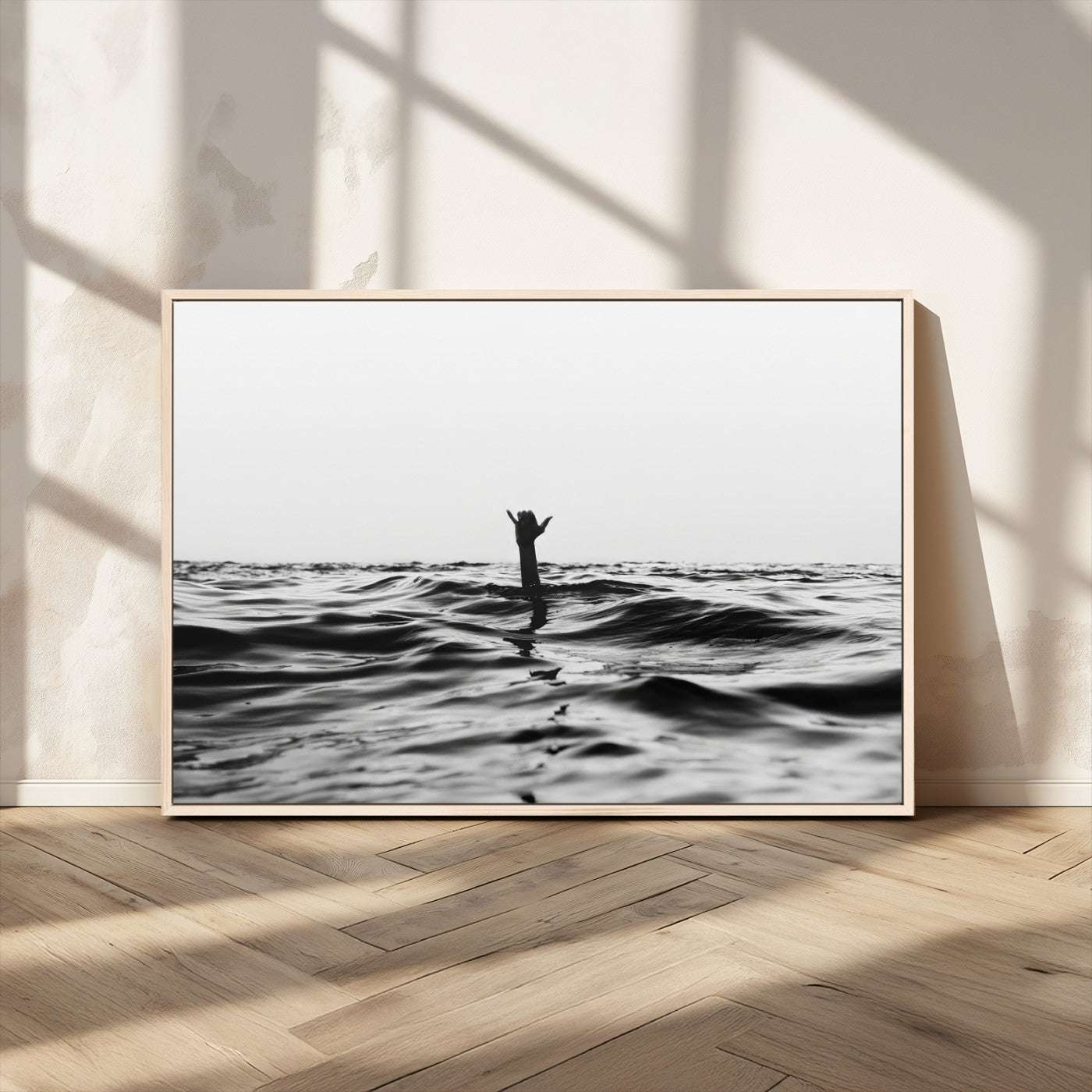 69541918-MGV-FC-36X24_Natural-Black White Ocean Wall Art Canvas Print, Framed Moody Seascape Art Picture Print, Surfer Sign Perfect Moody Minimalist Decor