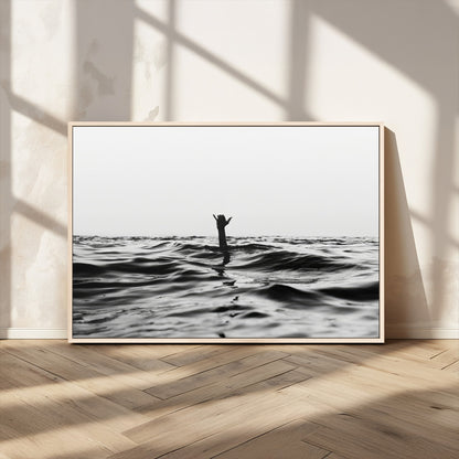 69541918-MGV-FC-36X24_Natural-Black White Ocean Wall Art Canvas Print, Framed Moody Seascape Art Picture Print, Surfer Sign Perfect Moody Minimalist Decor