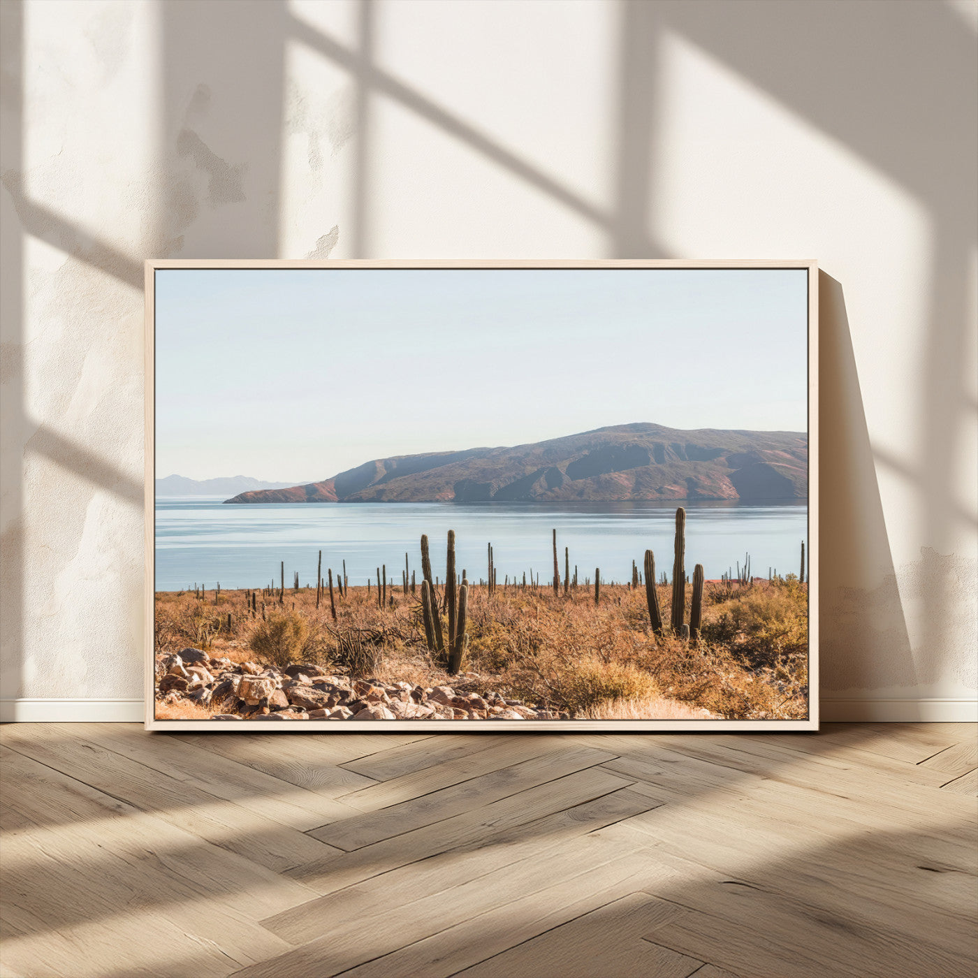 45193515-MGV-CV-36X24-Desert Cactus Wall Art Canvas Print, Framed Baja Coastline Art Picture Print, Coastal Desert Perfect Southwestern Minimalist Decor