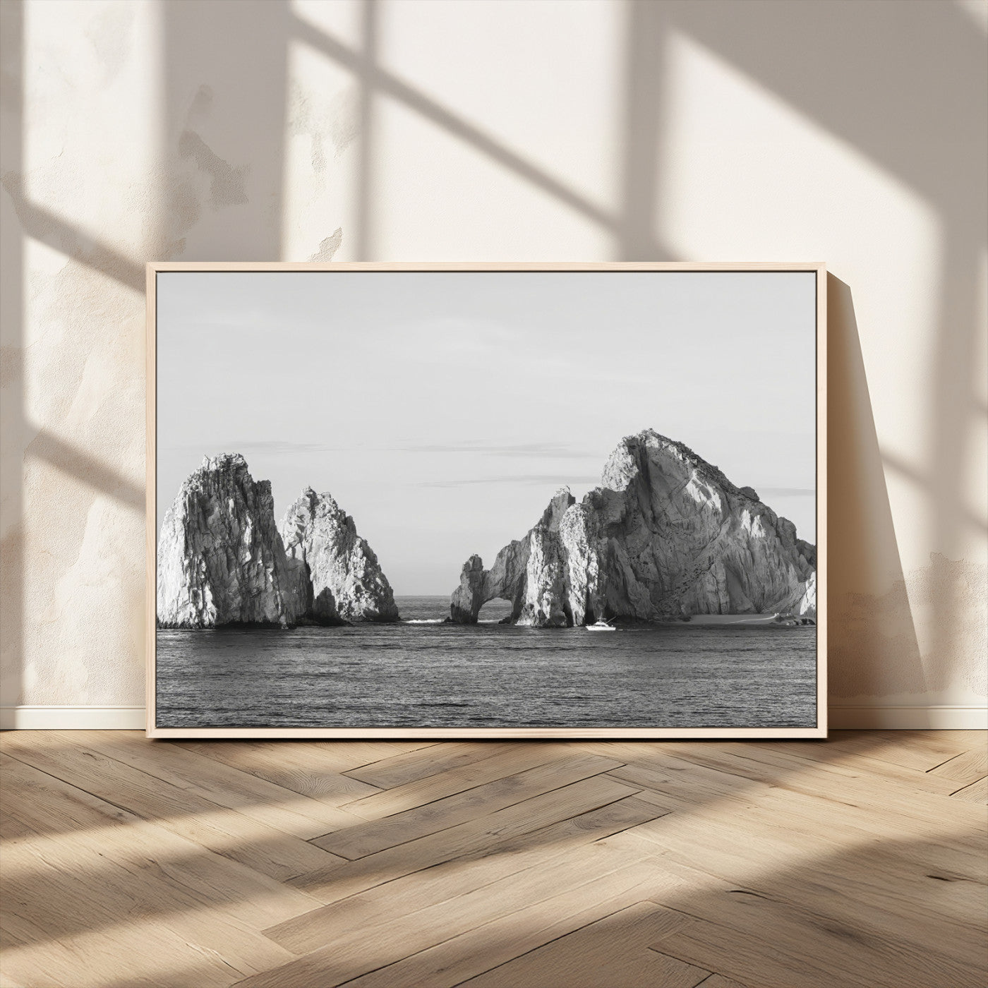 18810731-MGV-CV-36X24-Rugged Coastline Wall Art Canvas Print, Framed Ocean Cliffs Art Picture Print, Monochrome Seascape Perfect Coastal Minimalist