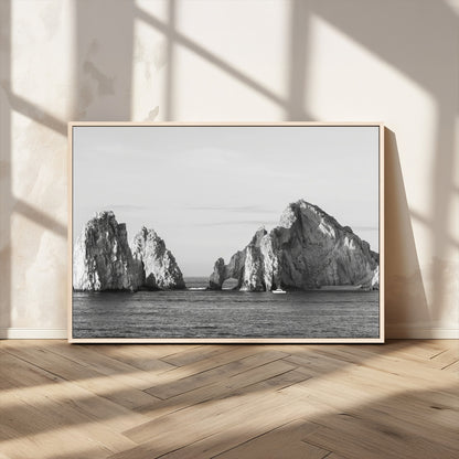 18810731-MGV-CV-36X24-Rugged Coastline Wall Art Canvas Print, Framed Ocean Cliffs Art Picture Print, Monochrome Seascape Perfect Coastal Minimalist