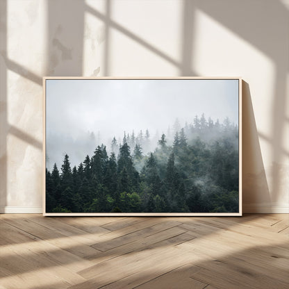 84146572-MGV-FC-36X24_Natural-Foggy Pine Trees Wall Art Canvas Print, Framed Forest Nature Art Picture Print, Evergreen Forest Perfect Scandinavian Minimalist