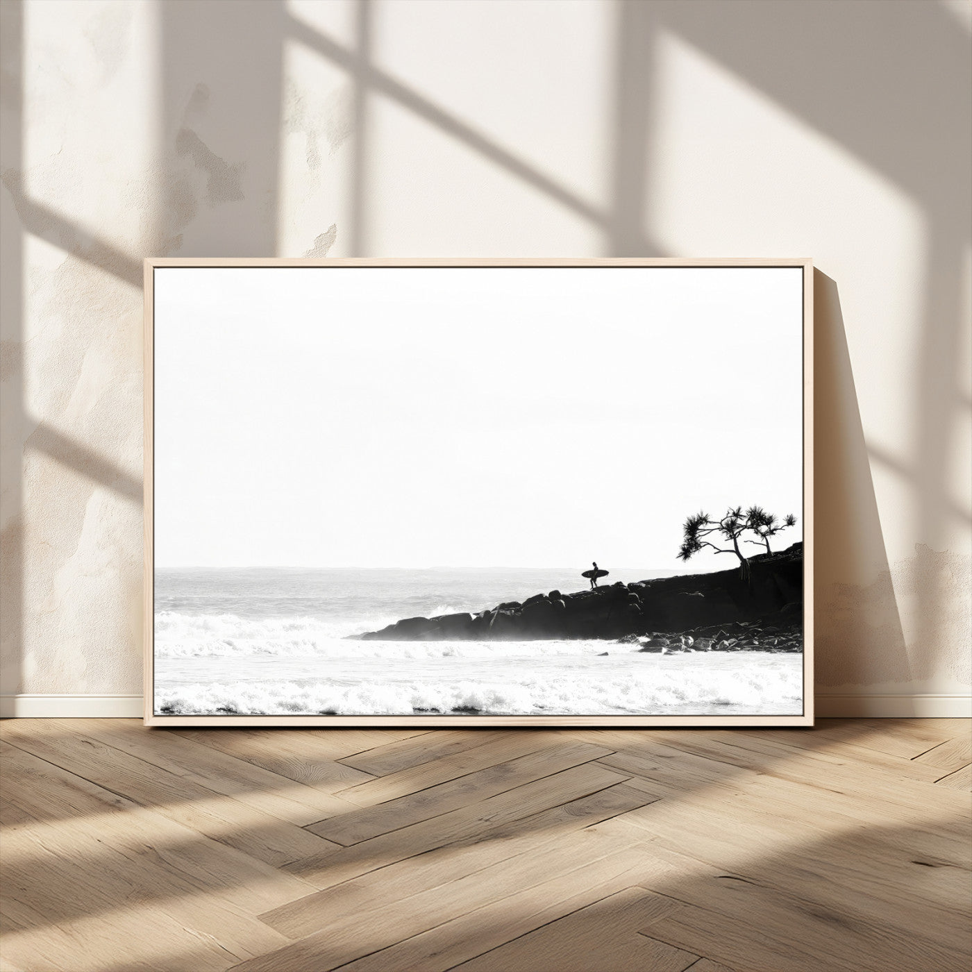 40875891-MGV-CV-36X24-SurferCliffs Wall Art Canvas Print, Framed Black White Beach Art Picture Print, Ocean Waves Perfect Minimalist Coastal Decor