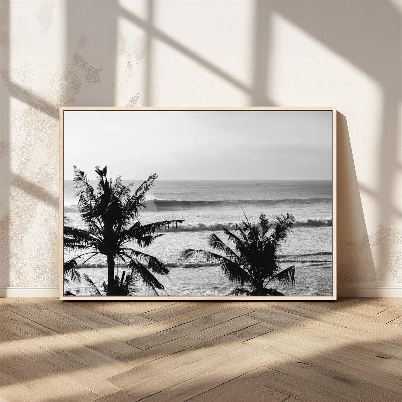 17508038-MGV-CV-36X24-Tropical Coastline Wall Art Canvas Print, Framed Palm Trees Art Picture Print, Ocean Waves Perfect Minimalist Coastal Decor