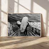 32353707-MGV-CV-36X24-Black White Surfing Wall Art Canvas Print, Framed Coastal Surfing Art Picture Print, Wave Riders Perfect Coastal Adventure Decor