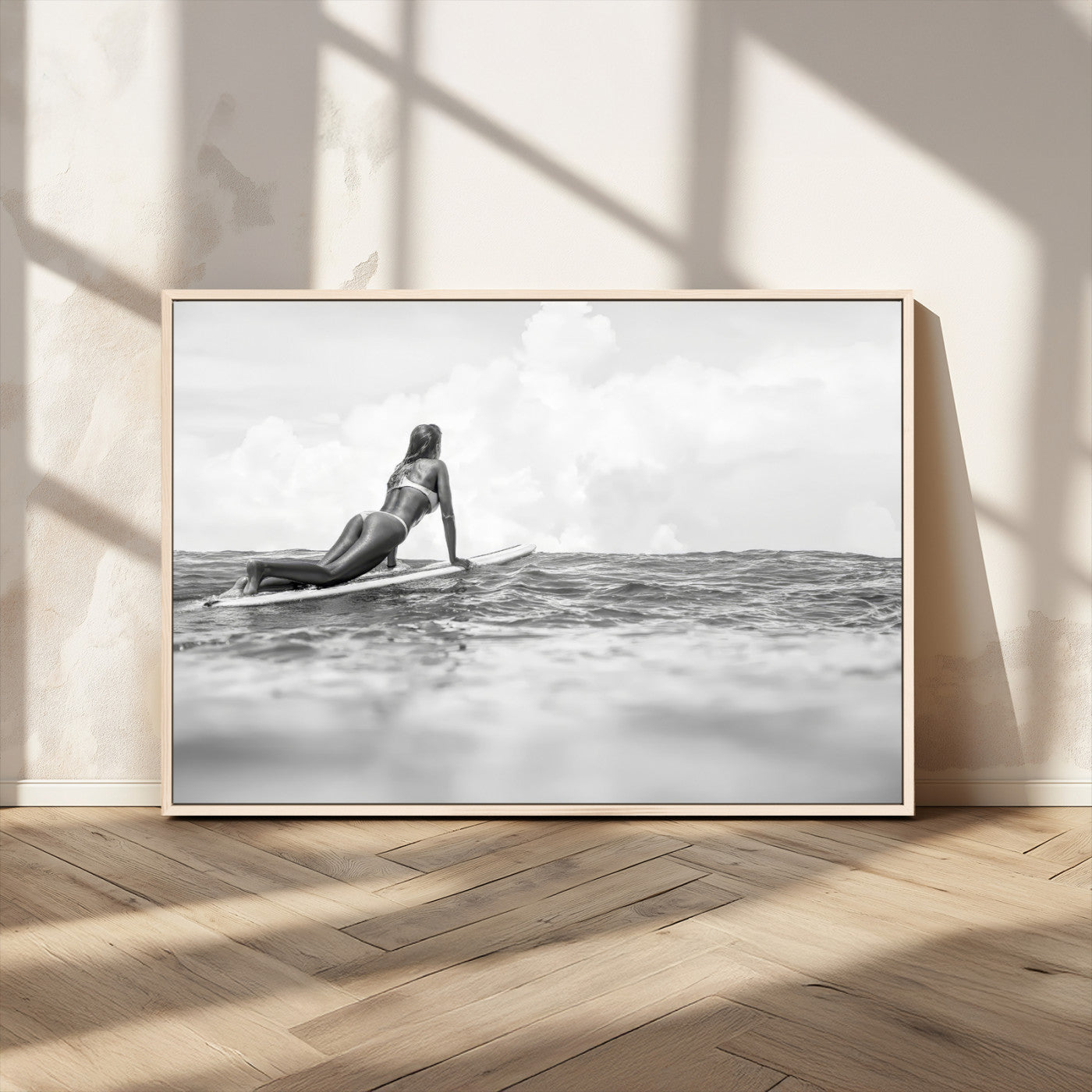 69798068-MGV-CV-36X24-Black White Surfing Wall Art Canvas Print, Framed Ocean Horizon Art Picture Print, Surfer Girl Perfect Coastal Adventure Decor