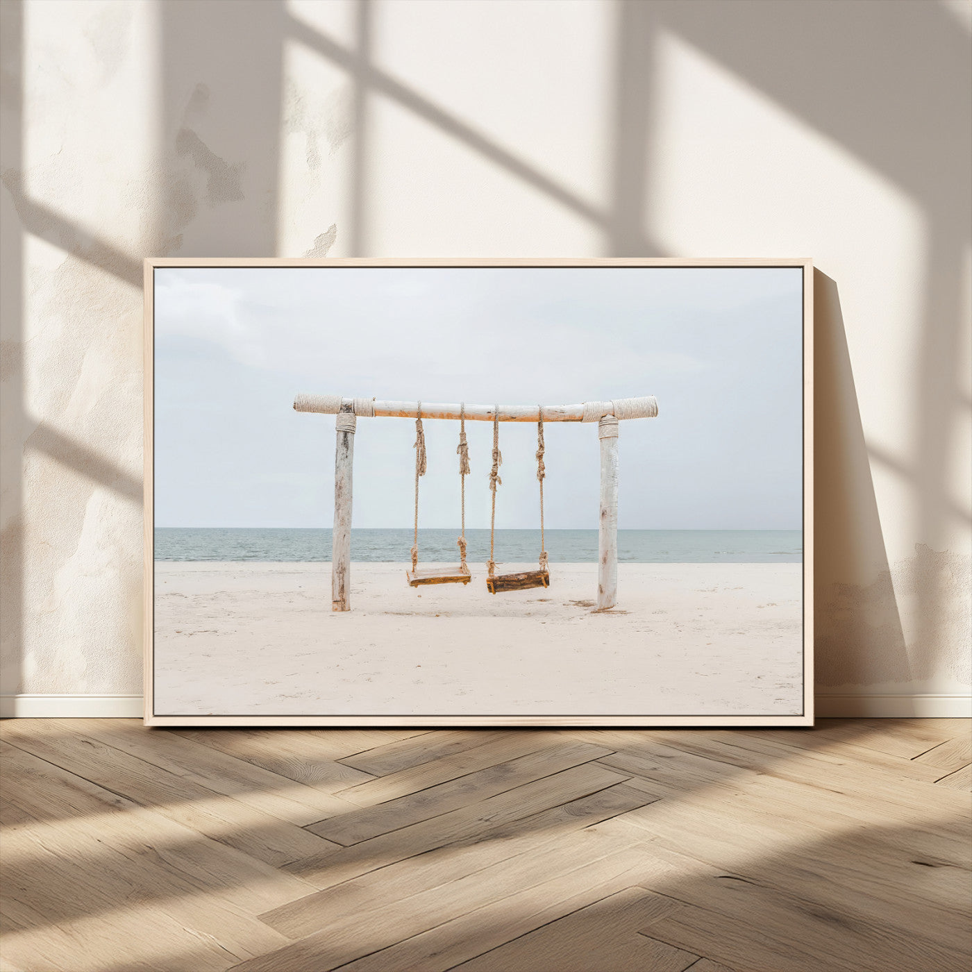 68327283-MGV-CV-36X24-Beach Swing Wall Art Canvas Print, Framed Quiet Beach Art Picture Print, Calm Shoreline Perfect Bohemian Coastal Decor Artwork