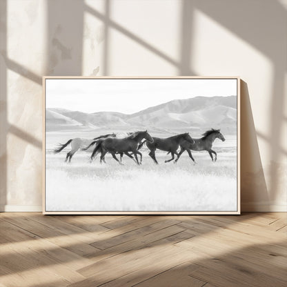 69934913-MGV-CV-36X24-Wild Horses Running Wall Art Canvas Print, Framed Black White Mustangs Art Picture Print, Rustic Western Perfect Rustic Western