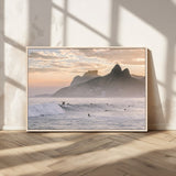 70644906-MGV-CV-36X24-Sunset Surfing Wall Art Canvas Print, Framed Misty Mountains Art Picture Print, Surfer Riding Wave Perfect Coastal Adventure Decor