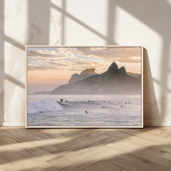70644906-MGV-CV-36X24-Sunset Surfing Wall Art Canvas Print, Framed Misty Mountains Art Picture Print, Surfer Riding Wave Perfect Coastal Adventure Decor