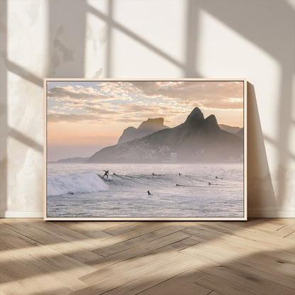 70644906-MGV-CV-36X24-Sunset Surfing Wall Art Canvas Print, Framed Misty Mountains Art Picture Print, Surfer Riding Wave Perfect Coastal Adventure Decor