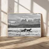 21655040-MGV-CV-36X24-Wild Horses Wall Art Canvas Print, Framed Black White Mountains Art Picture Print, Rustic Countryside Perfect Rustic Western Decor