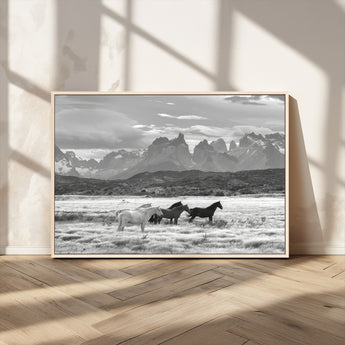 21655040-MGV-CV-36X24-Wild Horses Wall Art Canvas Print, Framed Black White Mountains Art Picture Print, Rustic Countryside Perfect Rustic Western Decor