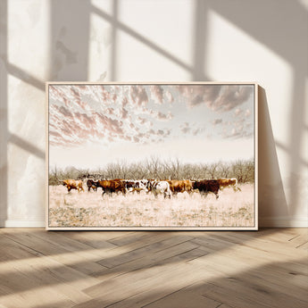 64892775-MGV-CV-36X24-Longhorn Cattle Wall Art Canvas Print, Framed Texas Ranch Art Picture Print, Western Cow Perfect Western Decor Artwork