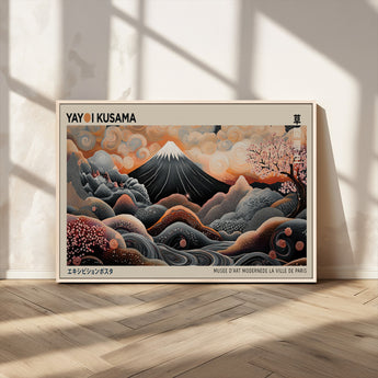 55739266-MGV-CV-36X24-Japanese Wall Art Print – Abstract Yayoi Kusama Inspired Dotted Landscape Poster, Surreal Oriental Mountain and Cherry Blossom