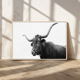 99244177-MGV-CV-36X24-Longhorn Photography Wall Art Canvas Print, Framed Western Cow Decor Art Picture Print, Black White Bull Perfect Modern Rustic