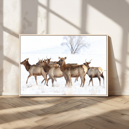 68738684-MGV-FC-36X24_Natural-Winter Elk Scene Wall Art Canvas Print, Framed Wildlife Photography Art Picture Print, Snowy Deer Decor Perfect Rustic Lodge Decor