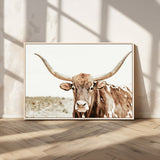 98924580-MGV-CV-36X24-Texas Longhorn Bull Wall Art Canvas Print, Framed Rustic Farmhouse Decor Art Picture Print, Western Animal Theme Perfect Rustic