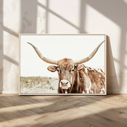 98924580-MGV-CV-36X24-Texas Longhorn Bull Wall Art Canvas Print, Framed Rustic Farmhouse Decor Art Picture Print, Western Animal Theme Perfect Rustic