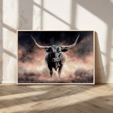 71457818-MGV-CV-36X24-Longhorn Wall Art Wall Art Canvas Print, Framed Western Bull Canvas Art Picture Print, Rustic Cow Decor Perfect Western Dramatic