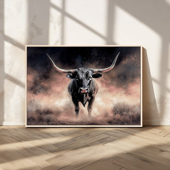 71457818-MGV-CV-36X24-Longhorn Wall Art Wall Art Canvas Print, Framed Western Bull Canvas Art Picture Print, Rustic Cow Decor Perfect Western Dramatic