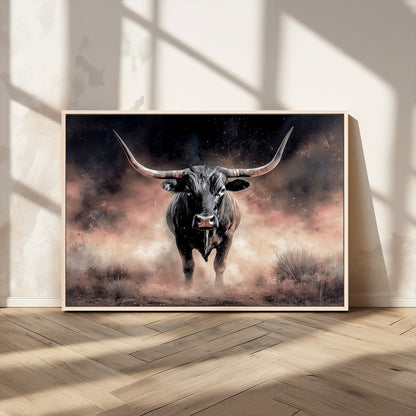 71457818-MGV-CV-36X24-Longhorn Wall Art Wall Art Canvas Print, Framed Western Bull Canvas Art Picture Print, Rustic Cow Decor Perfect Western Dramatic