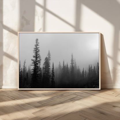 73138900-MGV-CV-36X24-Misty Pines Wall Art Canvas Print, Framed Woodland Photography Art Picture Print, Minimalist Decor Perfect Modern Rustic Decor