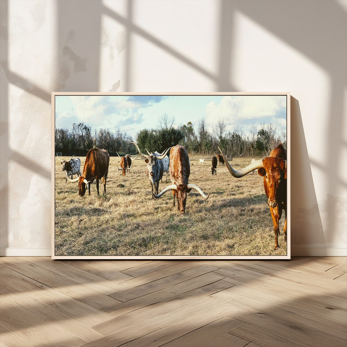 39144651-MGV-CV-36X24-Texas Longhorns Wall Art Canvas Print, Framed Rustic Farm Scene Art Picture Print, Western Cattle Perfect Rustic Farmhouse Decor