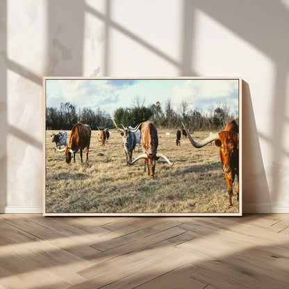 39144651-MGV-CV-36X24-Texas Longhorns Wall Art Canvas Print, Framed Rustic Farm Scene Art Picture Print, Western Cattle Perfect Rustic Farmhouse Decor