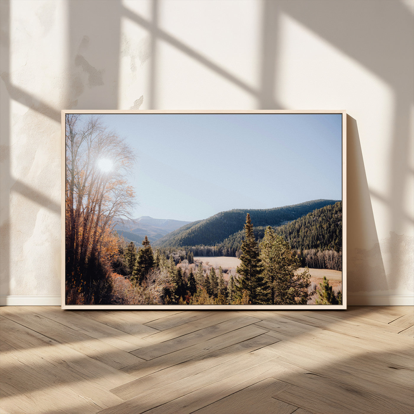 52941305-MGV-CV-36X24-Rustic Landscape Wall Art Canvas Print, Framed Serene Valley Art Picture Print, Pine Tree Horizon Perfect Rustic Cabin Decor