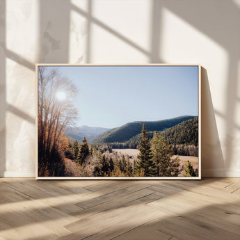 52941305-MGV-CV-36X24-Rustic Landscape Wall Art Canvas Print, Framed Serene Valley Art Picture Print, Pine Tree Horizon Perfect Rustic Cabin Decor