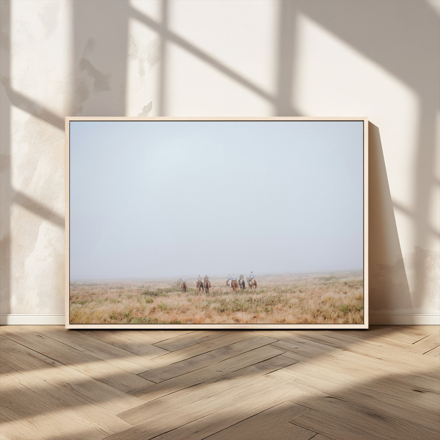14761944-MGV-CV-36X24-Foggy Plains Wall Art Canvas Print, Framed Horseback Riders Art Picture Print, Rustic Western Perfect Rustic Western Decor Artwork