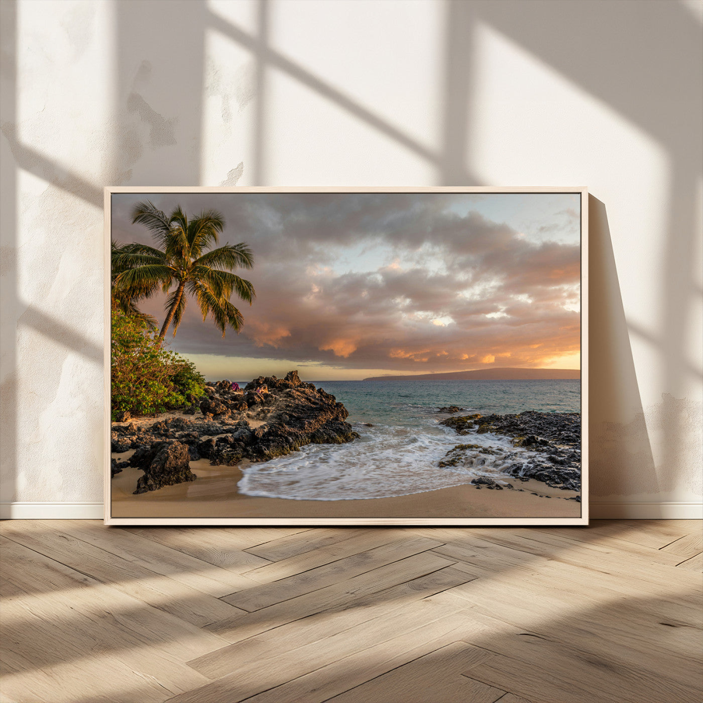 55108220-MGV-CV-36X24-Tropical Beach Wall Art Canvas Print, Framed Hawaiian Sunset Art Picture Print, Ocean Waves Perfect Coastal Tropical Decor Artwork