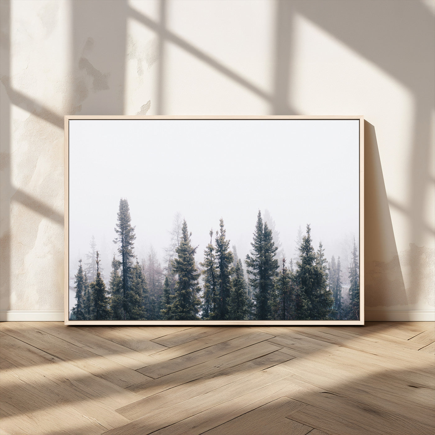 42364796-MGV-CV-36X24-Foggy Forest Wall Art Canvas Print, Framed Misty Pines Art Picture Print, Moody Woodland Perfect Scandinavian Minimalist Decor