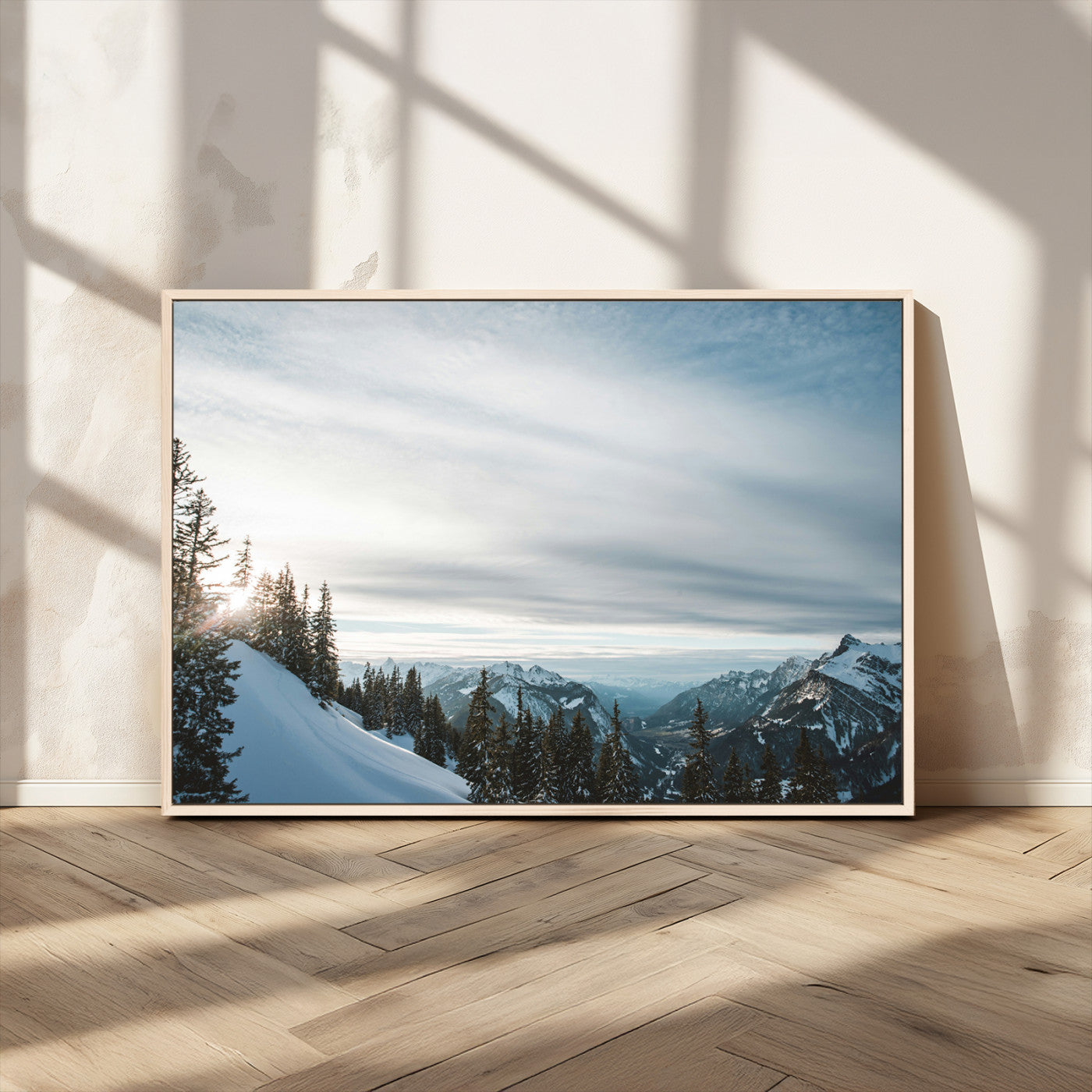 55564749-MGV-CV-36X24-Snowy Mountains Wall Art Canvas Print, Framed Alpine Landscape Art Picture Print, Frosty Peaks Perfect Nordic Minimalist Decor