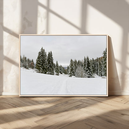 24581417-MGV-CV-36X24-Frosty Pines Wall Art Canvas Print, Framed Silent Snowfall Art Picture Print, Cozy Cabin Vibes Perfect Nordic Minimalist Decor
