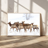 41416314-MGV-CV-36X24-Elk Wall Art – Wildlife Herd Canvas Print in Snowy Landscape, Rustic Nature Painting, Western Cabin Lodge Decor for Living Room,
