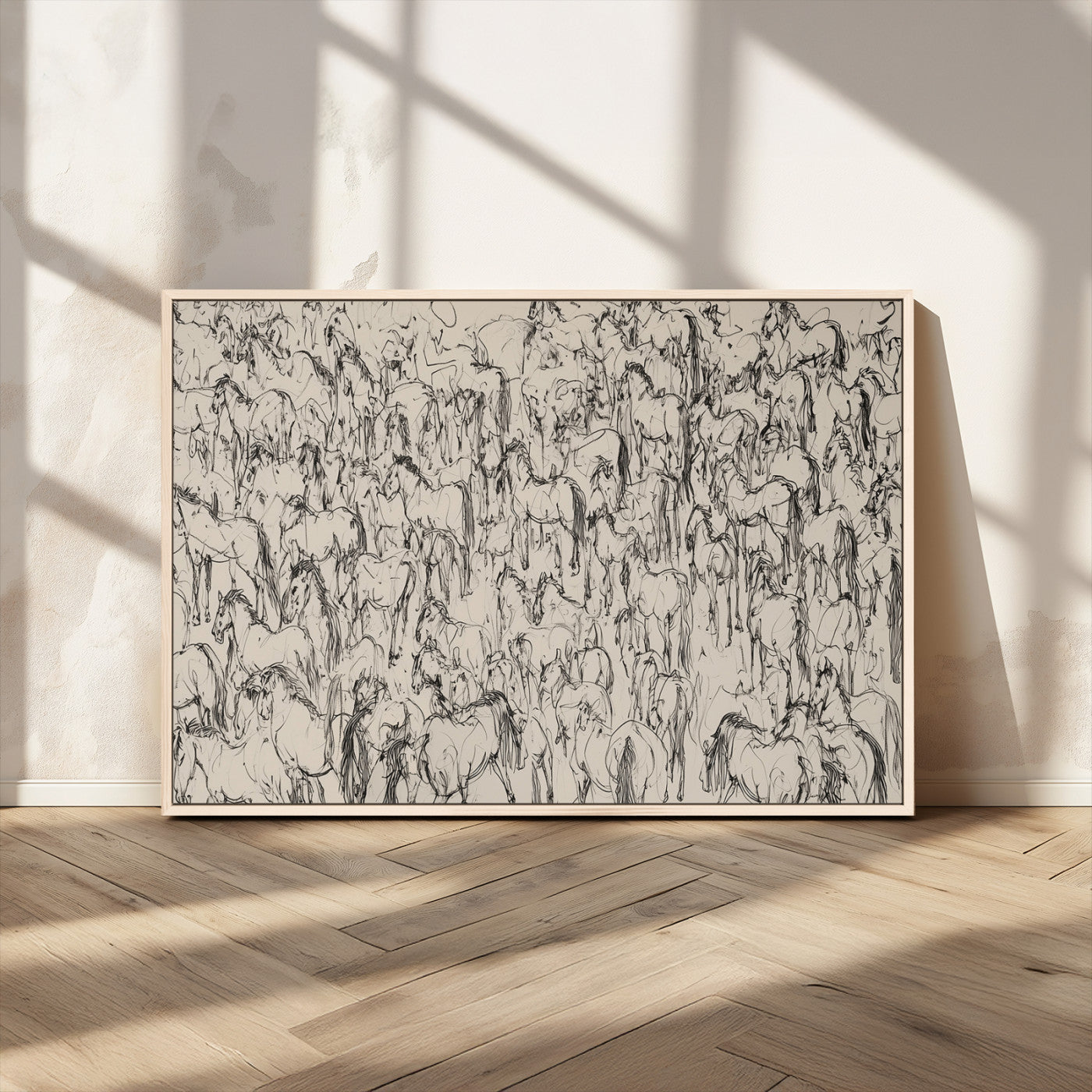 12358908-MGV-CV-36X24-Horse Herd Sketch Wall Art – Abstract Wild Horses Line Drawing Canvas Print, Rustic Western Style Equestrian Decor for Living