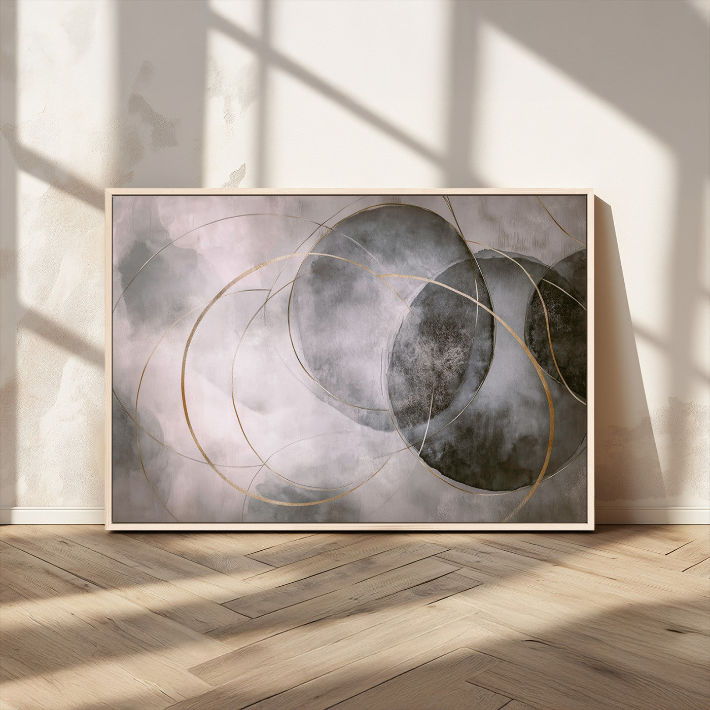 20066876-MGV-FC-36X24_Natural-Neutral Abstract Circle Wall Art – Modern Gray Beige Gold Canvas Print, Minimalist Geometric Painting for Bedroom, Living Room,