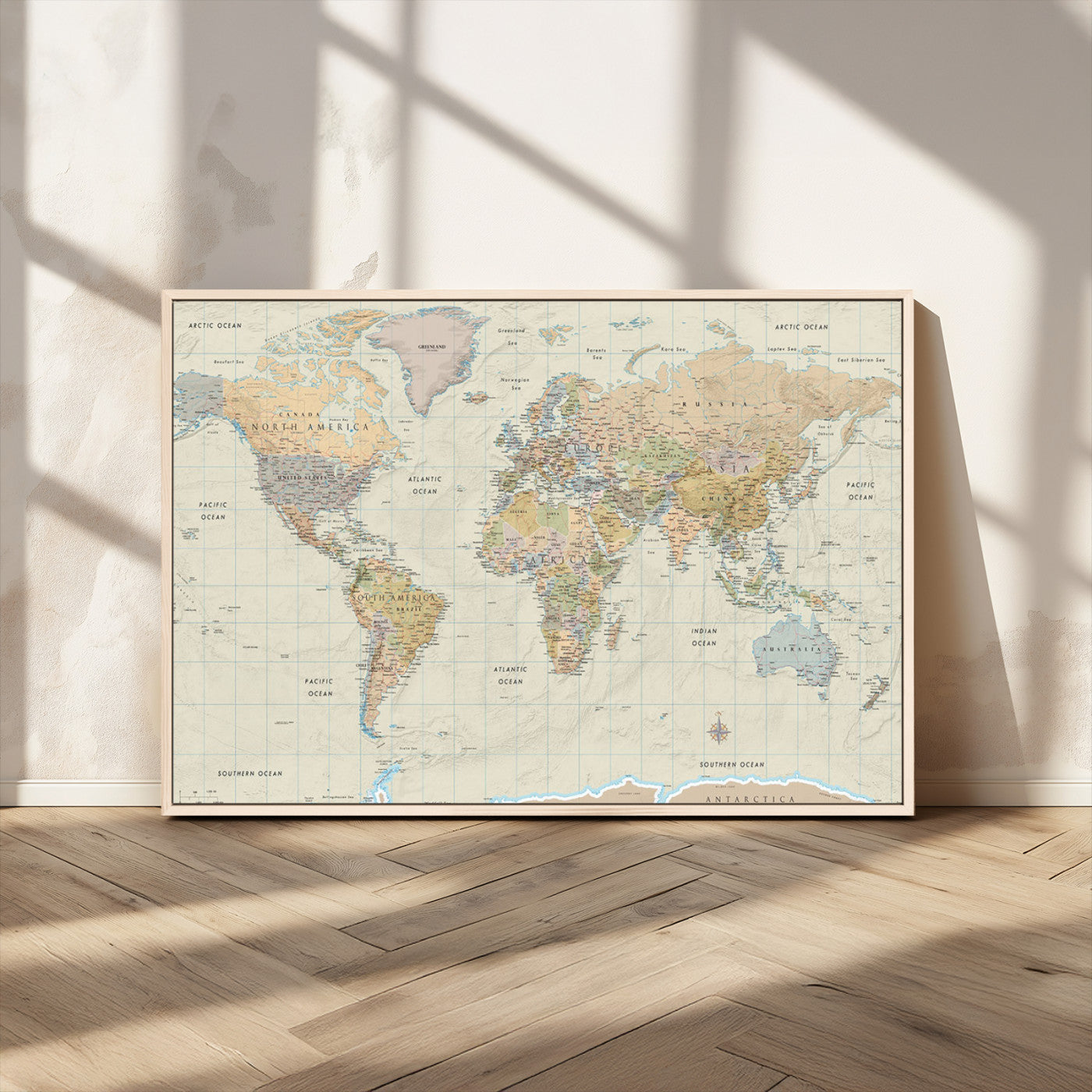 41929777-MGV-FC-36X24_Natural-World Map Wall Art – Large Detailed Political Atlas Style Map Print with Countries, Cities, and Oceans, Warm Earth Tone