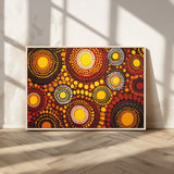 81120549-MGV-CV-36X24-Abstract Dot Painting Wall Art – Vibrant Tribal Boho Style Canvas Print with Sunburst Mandala Circles in Warm Red, Yellow, Orange