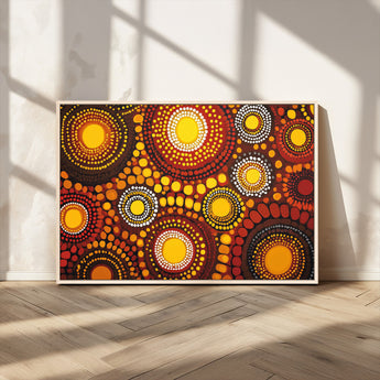 81120549-MGV-CV-36X24-Abstract Dot Painting Wall Art – Vibrant Tribal Boho Style Canvas Print with Sunburst Mandala Circles in Warm Red, Yellow, Orange